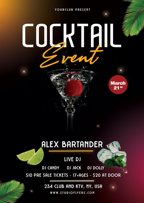 Download Cocktail Event Free PSD Flyer Template for free. This Cocktail flyer is editable and suitable for any type of cocktail night, party event, dj, music promotion and other.  #flyer #template #flyers Cocktail Promotion Poster, Cocktail Flyer, Cocktail Party Flyer, Instagram Ads Design, Party Design Poster, Cocktail Design, Free Psd Flyer Templates, Free Psd Flyer, Cocktail Poster