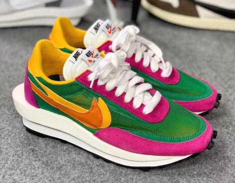 Sacai Nike LDV Waffle Green Pink Yellow BV0073-301 Release Date - SBD Yellow Color Combinations, Nike Sacai, Nike Waffle, Hype Shoes, Sneaker Games, Shoe Closet, Sneaker Collection, Pink Outfit, Looks Style