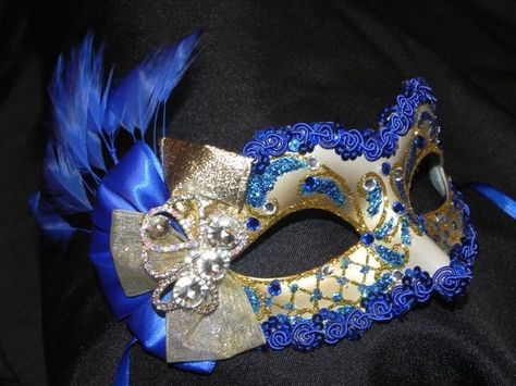 Royal Blue and Gold Feather Masquerade Mask - Made to Order Regency Masquerade, Collaring Ceremony, Masquerade Mask Makeup, Blue Masquerade Mask, Cat Masquerade Mask, Masquerade Mask Diy, Random Accessories, Masquerade Mask Women, Couples Masquerade Masks