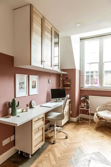 Pink Office Walls, Glam Office Space, Pink And White Office, Pink Home Offices, Light Oak Furniture, Pink Home Office, Wood Office Chair, Pink Office, White Office