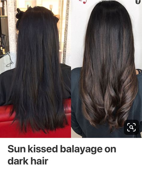 Natural Balayage Dark Brown, Balayage On Black Hair Indian Straight, Medium Brown Balayage On Dark Hair, Natural Brown Balayage On Black Hair, Sun Kissed Highlights Black Hair, Natural Black Balayage, Dark Brunette Hair Aesthetic, Indian Balayage Hair, Long Dark Brown Hair With Layers Caramel Balayage