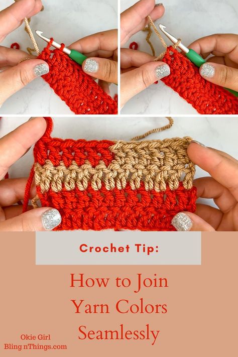 This is the easiest and best way that I have found to seamlessly join yarn colors in any crochet project whether at the end of a row or in the middle of a row.....#crochet #crochettips #freecrochettip #joiningyarn #howtochangeyarncolors #icrochet #seamlesslyjoinyarncolors How To Seamlessly Join Yarn, Best Way To Join Yarn In Crochet, Best Way To Weave In Ends Crochet, How To Join New Yarn In Crochet, How To Add A New Skein Of Yarn Crochet, Join Yarn Crochet, Joining Yarn Crochet, Join Yarn, Okie Girl