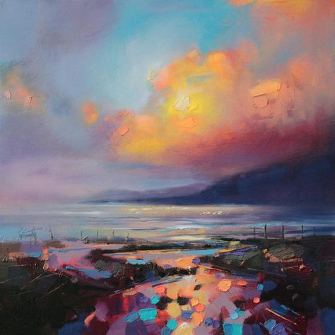 Working with thick brushes and palette knives, artist Scott Naismith carefully reveals the interplay of light and clouds over his native Scotland. The Glasgow-based painter travels the country extensively, drawing inspiration from the glens, lochs, and islands of the West coast in particular. Ma Scottish Landscape Painting, Scott Naismith, Colorful Oil Painting, Beautiful Skies, Art Tumblr, Colossal Art, Scottish Landscape, Sunset Painting, Sky Art