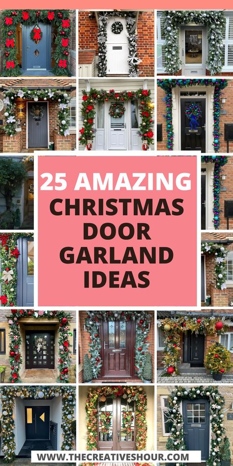 25 Beautiful and Gorgeous Christmas Door Garland Ideas Patio Door Christmas Decor, Outdoor Xmas Garland Ideas, Short Garland Around Front Door, Christmas Door Garland Ideas Entrance, Holiday Doorway Decor, Farmhouse Door Garland, Xmas Door Garland Ideas, Double Door Garland Christmas, How To Hang Garland Outside Door