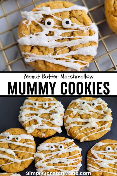 Peanut Butter Halloween Cookies, Halloween Peanut Butter Cookies, Halloween Dessert For Kids, Halloween Themed Cookies, Halloween Mummy Cookies, Marshmallow Halloween, Halloween Themed Desserts, Mummy Cookies, Candy Corn Recipe