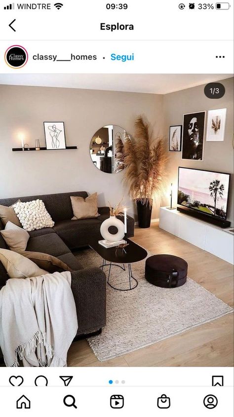 Brown Gray Couch Living Room Ideas, Dark Gray Couch Beige Walls, Brown Sofa Lounge Ideas, Dark Gray Sectional Living Room Decor Cozy, Black And Mocha Living Room, Brown Aesthetic Living Room Ideas, White And Charcoal Living Room, Black Couch Tan Walls, Grey Couch With Black And Brown Accents