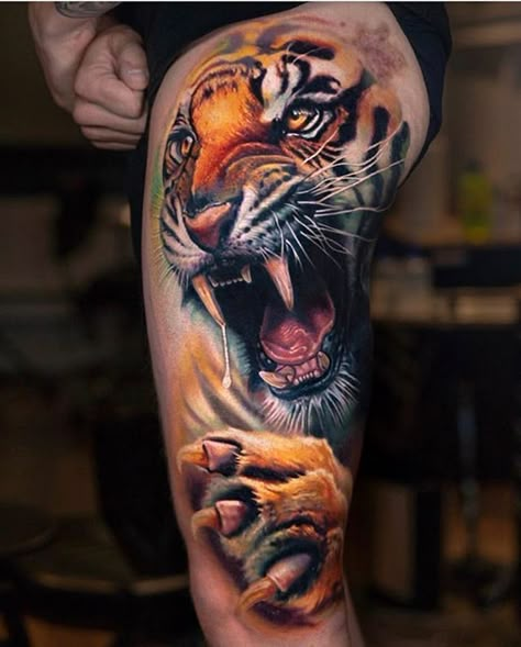 Side Leg Tattoo, Japanese Tiger Tattoo, Tiger Tattoo Sleeve, Best Leg Tattoos, Octopus Tattoos, Lion Head Tattoos, Tiger Tattoo Design, Leg Tattoo Men, Leg Sleeve Tattoo