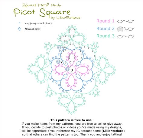 Picot Square (free tatting pattern) – Lilliantatlace Needle Tatting Tutorial, Simple Motif, Tatting Patterns Free, Needle Tatting Patterns, Shuttle Tatting Patterns, Tatting Tutorial, Beads Craft Jewelry, Tatting Jewelry, Needle Tatting