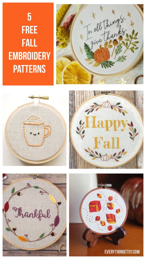 Quick embroidery projects are always so satisfying! I’m super excited to share these free fall embroidery patterns with you.  They are beautiful designs that you can start on right now.  I love that!  These hoops are the perfect way to add a little touch of fall to your home, or share them as a gift. … [read more] Give Thanks Embroidery, Free Autumn Embroidery Patterns, Easy Embroidery Hoop Designs, Fall Hand Embroidery Patterns Free, Free Autumn Cross Stitch Patterns, Easy Fall Embroidery Patterns, Free Pumpkin Embroidery Pattern, Pumpkin Embroidery Patterns Free, Easy Fall Embroidery