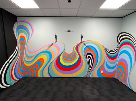 Work Mural Ideas, Funky Bedroom Wall Paint Ideas, Art Murals School, Cool Wall Murals Painted, Trippy Wall Mural, Gina Kiel, Abstract Murals, Ruangan Studio, Abstract Mural