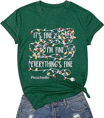 Christmas Party Tops, Im Fine, Letter Print Tee, Casual Wear Women, Tshirt Women, Merry Christmas Shirts, Everything Is Fine, Funny Christmas Shirts, Women Christmas