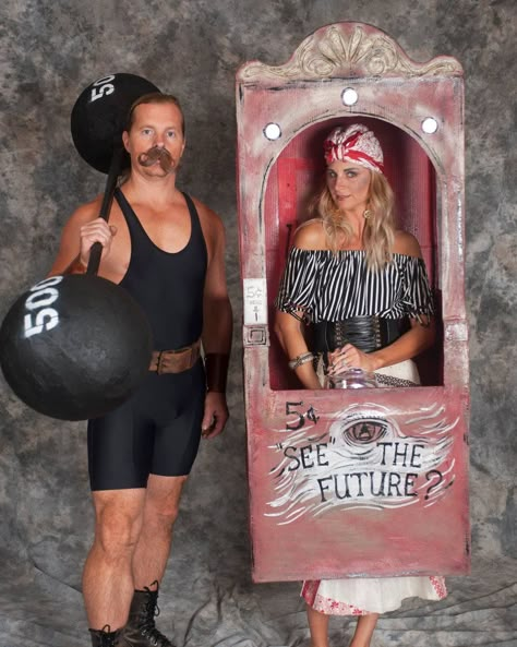 Circus Side Show Halloween Costumes, Fortune Teller Circus Costume, Circus Strongman Costume, Vintage Circus Halloween Costumes, Female Circus Costumes, Carnival Circus Costume, Circus Vintage Costume, Couples Circus Costume, Circus Couples Costume