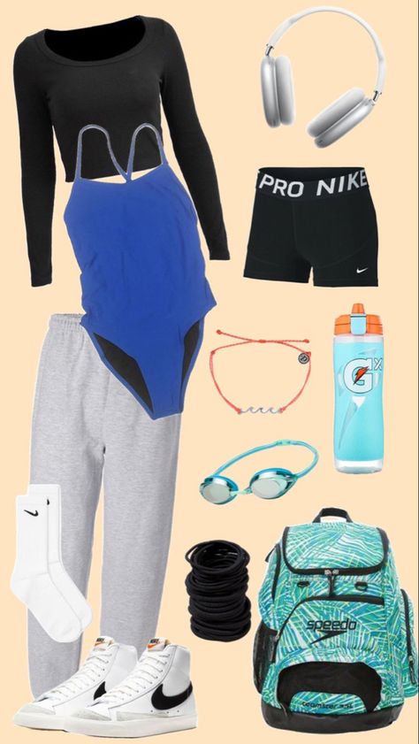 Swim Team Outfits, Swimmer Outfits Style, Swim Practice Outfit, Swimmer Wishlist, After Swimming Outfits, Swimming Bag Essentials, Swimmer Outfits, Swim Team Uniform, Swimming Essentials