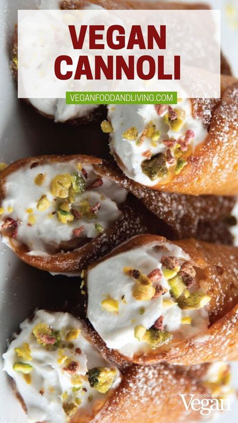 Vegan Cannoli with Pistachios & Raspberries Vegan Cannoli Recipe, Vegan Cannoli, Pistachio Cannoli, Cannoli Recipes, Cashew Yogurt, Vegan Banana Bread Recipe, Cannoli Filling, Brandy Snaps, Cannoli Recipe