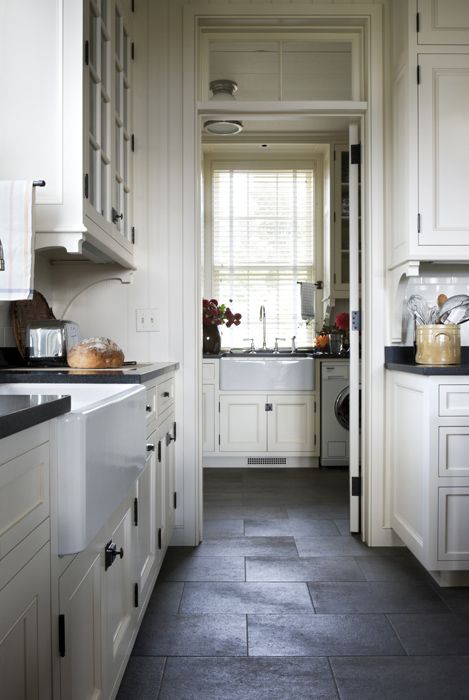 Slate Floor Kitchen, Black Slate Floor, Kitchen Tile Inspiration, Slate Kitchen, Slate Tile Floor, Slate Flooring, Cabinet Ideas, White Cabinetry, Kitchen Floor Tile