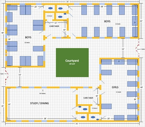 Final orphanage plan Orphanage Building Design, Orphanage Interior Design, Orphanage Floor Plan, Orphanage Layout, Orphanage Interior, Orphanage Bedroom, Bloxburg Orphanage, Orphanage Building, Manufacturing Factory Design