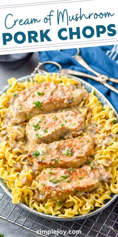 Cream of Mushroom Pork Chops is an easy dinner made with simple ingredients. Keep it low carb by serving it with a salad, or serve those pork chops in their rich cream sauce over noodles. Pasta And Pork Chops, Pork Chop And Egg Noodle Recipes, Pork Chop And Noodle Recipes, Pork Chops And Egg Noodles, 3 Ingredient Pork Chops, Pork Chops And Noodles Recipes, Pork Chops And Noodles, Butterfly Pork Chops, Butterfly Pork Chop Recipes