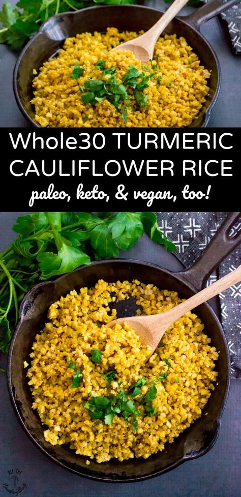 Look no further for a tasty and easy paleo, vegan, and keto side dish! This Whole30 Turmeric Cauliflower Rice can be made with frozen or fresh riced cauliflower and boasts the anti-inflammatory and antioxidant benefits of curcumin. It pairs well with Instant Pot main dishes, too! #allthenourishingthings #whole30recipe #cauliflower #cauliflowerrice #paleorecipe #veganrecipe #ketorecipe Anti Inflammation Side Dishes, Tumeric Cauliflower, Cauliflower Rice Paleo, Benefits Of Curcumin, Keto Side Dish, Turmeric Cauliflower, Inflammation Recipes, Healthy Nutrition Plan, Riced Cauliflower