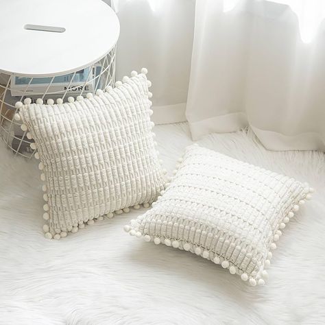 Amazon.com: Vannokor Corduroy Throw Pillow Covers 2 Pack, 12x20 Inch Soft Striped Decorative Throw Pillow Covers with Pom-poms, Modern Boho Square Cushion Case for Sofa Living Room Couch Bed (Cream) : Home & Kitchen Pink And White Pillows, Throw Pillows Amazon, Cute Pillows Aesthetic, Pink Room Decor Ideas, Light Pink Pillows, Balcony Sofa, Preppy Pillows, Bedroom Board, 11 Birthday