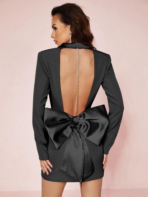 Rhinestone Chain Detail Backless Bow Backless Blazer Dress | SHEIN USA Backless Blazer, Women Blazers, Satin Blazer, Plain Dress, Rhinestone Chain, Rhinestone Dress, Black Party, Fashion Gallery, Blazer Dress