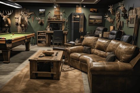 Best Hunting Man Cave Decor Ideas for Your Home Man Cave Deer Mounts, Man Cave Den Ideas, Western Man Cave, Hunting Man Cave Ideas, Man Cave Couch, Barn Man Cave, Hunting Man Cave Decor, Man Cave Decor Ideas, Hunting Room Design