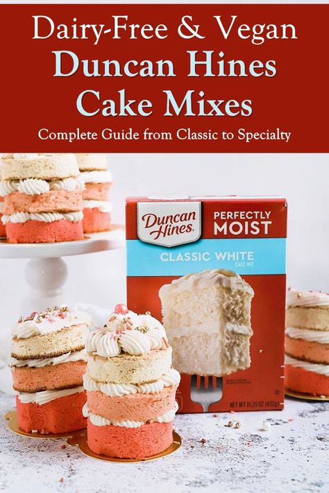 Dairy-Free Duncan Hines Cake Mixes - Most varieties are kosher parve, and we tell you how to make them vegan, too! Vegan Box Cake Mix Recipes, Vegan Cake Mix Recipes, Vegan Box Cake, Dairy Free Egg Free Cake, Vegan White Cake, Soy Free Cake, Dairy Free Lemon Cake, Vegan Cake Mix, Gluten Free Dairy Free Cake