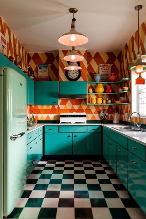 Retro-style kitchen with teal cabinets, checkered floor, and colorful vintage decor. Retro Kitchen Backsplash, Retro Aesthetic Kitchen, Diner Style Kitchen, Timeless Flooring, Colorful Cabinets, Kitchen Tile Inspiration, Wall Decor Items, 60s Kitchen, Compact Kitchen Design