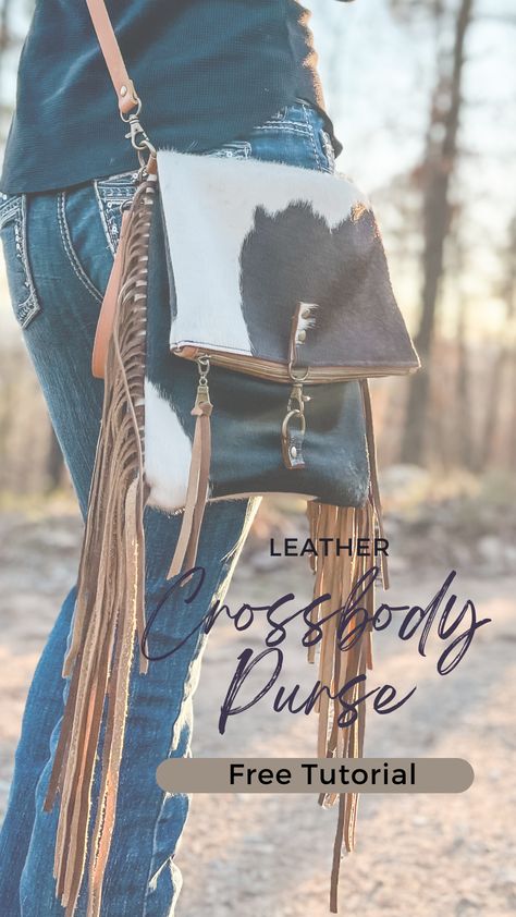 Follow along as I share, step by step, how to recreate this awesome bag- even the fringe, for free! Leather Purse Diy, Diy Leather Pouches, Leather Purse Pattern, Diy Leather Working, Leather Handbag Patterns, Fringe Crossbody Purse, Leather Fringe Purse, Leather Tutorial, How To Make Leather