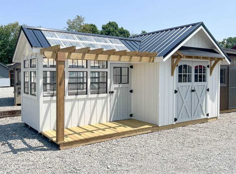 10x20 Farmhouse Garden Shed Metal Roof Farmhouse, Metal Roofs Farmhouse, Garden Shed Greenhouse, Painted Siding, Greenhouse Shed Combo, 10x20 Shed, Shed Greenhouse, Farmhouse Sheds, Amish Sheds