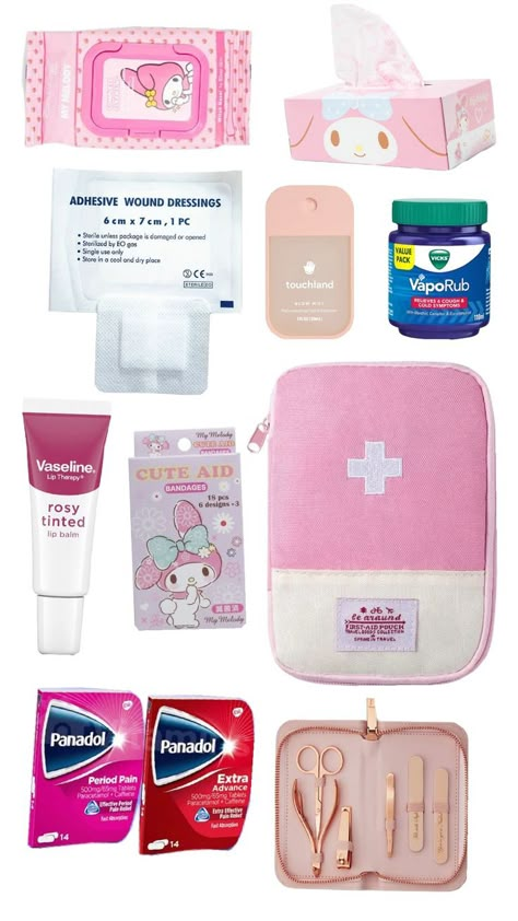 Pink first aid kit for school Small First Aid Kit Aesthetic, Purse First Aid Kit, Sick Kit, Cute First Aid Kit, Pink First Aid Kit, Mini First Aid Kit For Purse, First Aid Kit Checklist, Basic First Aid Kit, Med Kit