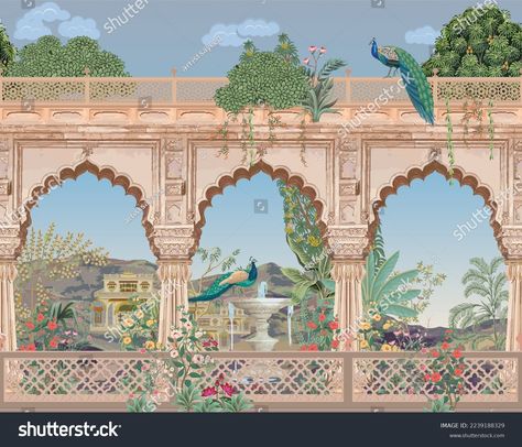 Mughal Garden Illustration, Mughal Art Paintings Illustrations, Palace Illustration, Palace Painting, Mughal Garden, Decorative Arch, Peacock Garden, Indian Wedding Invitation Card Design, Caricature Wedding