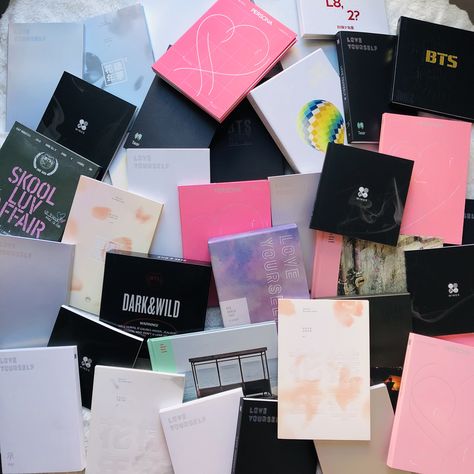 Kpop Aesthetic Albums, Album Collection Kpop, Bts Albums Aesthetic, Bts Albums Collection, Bts Solo Albums, Kpop Albums Aesthetic, Bts Album Aesthetic, Kpop Album Aesthetic, Bts Merchandise