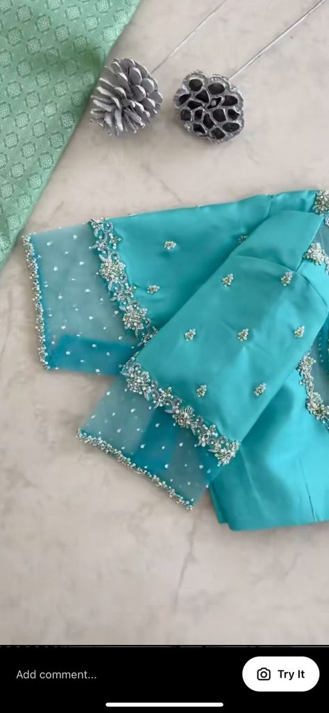 Net Blue Blouse Designs, Pattu Saree Blouse Maggam Work Designs, Net Pattu Blouse Designs, Blue And Silver Blouse Designs, Net Hand Designs For Blouses, Pattu Blouse With Net Sleeves, Glass Beads Aari Work Blouse, Different Blouse Neck Designs, Net Blouse For Pattu Saree