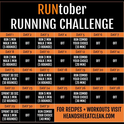 Run Challenge, October Fitness Challenge Ideas, October Fitness Challenge, 30 Day Running Challenge, Walking Challenge, Running Challenge, Running Drills, Interval Running, Running Plan