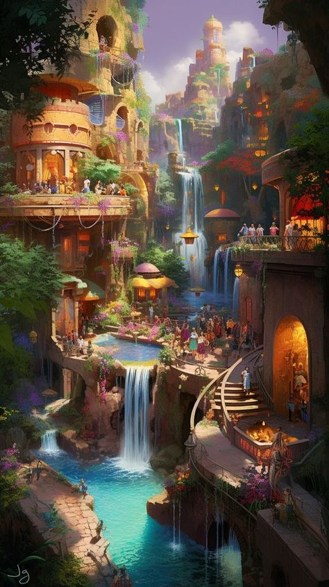 Tropical Kingdom Fantasy Art, Oasis Kingdom Fantasy Art, Fantasy Mexican City, Island City Fantasy Art, Summer Kingdom Fantasy Art, Fantasy Tropical Village, Fantasy Oasis Art, Fantasy Island Village, Oasis City Fantasy Art