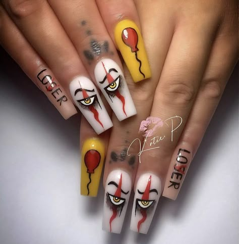 It Nails Stephen King, Horror Nails Designs, It Nails, Horror Nails, Fall Acrylic, Witchy Nails, Fall Acrylic Nails, Unique Acrylic Nails, Acrylic Designs