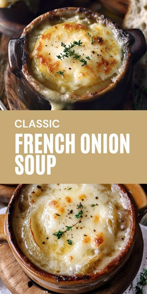 Classic French Onion Soup Ingredients: 4 large yellow onions, thinly sliced 3 tablespoons unsalted butter 2 tablespoons olive oil 1 teaspoon salt 1 teaspoon sugar 2 cloves garlic, minced 1/2 cup dry white wine 8 cups beef stock 2 bay leaves 1 teaspoon fresh thyme leaves (or 1/2 teaspoon dried thyme) Salt and pepper to taste 1 baguette, sliced into thick rounds 1 1/2 cups grated Gruyere cheese #Classic #French #Onion #Soup Onion Soup Easy, French Onion Soups, Easy French Onion Soup, Homemade French Onion Soup, Best French Onion Soup, Classic French Onion Soup, Onion Soup Recipe, French Onion Soup Recipe, Onion Soup Recipes