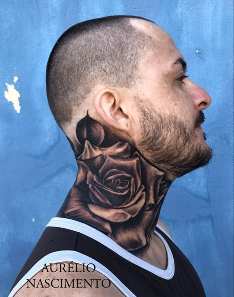 Jawline Tattoo Guys, Realism Neck Tattoo, Rose Neck Tattoo Men, Neck And Throat Tattoos Men, Religous Tattoo, Throat Tattoos, Rose Neck Tattoo, Flower Neck Tattoo, Men's Tattoo