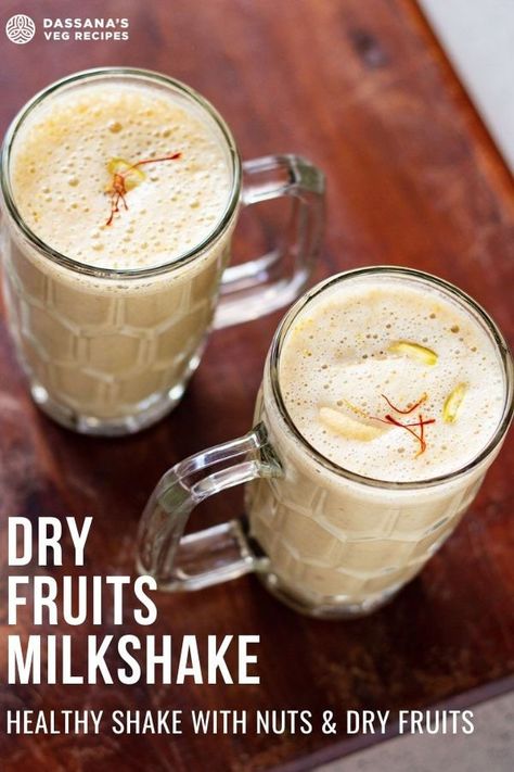 Healthy, refreshing, and energy-boosting, this dry fruits milkshake recipe is the perfect beverage to give you a quick boost throughout the day! It includes dried fruits, nuts, and plant-based milk making it a great gluten-free and vegan option. Dry Fruit Shake Recipe, Dry Fruits Milkshake Recipe, Dry Fruits Recipes, Dry Fruit Milk Shake, Milk Shake Recipes, Milkshakes Recipes, Fruit Milkshake Recipe, Fruit Milkshake, Milkshake Recipe Easy