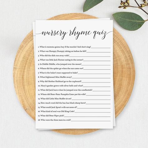 Nursery Rhyme Game for Baby Shower Minimal Black and White Babyshower Nursery Rhyme Quiz Printable Guess That Nursery Rhyme Baby Games CL2 - Etsy Australia Nursery Rhyme Game, Nursery Rhyme Quiz, Minimal Nursery, Minimal Baby, Nursery Rhymes Games, Dear Baby, Baby Shower Guest, Wishes For Baby, Nursery Rhyme