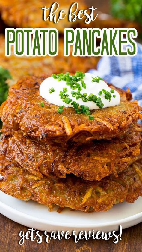 These potato pancakes are shredded potatoes combined with onions and seasoning, then pan fried until golden brown. Potato Pancake Recipe, Crispy Potato Pancakes, Potato Pancake, Matzo Meal, Homemade French Fries, Potato Fritters, Shredded Potatoes, Perfect Pancakes, Side Dish Recipes Easy