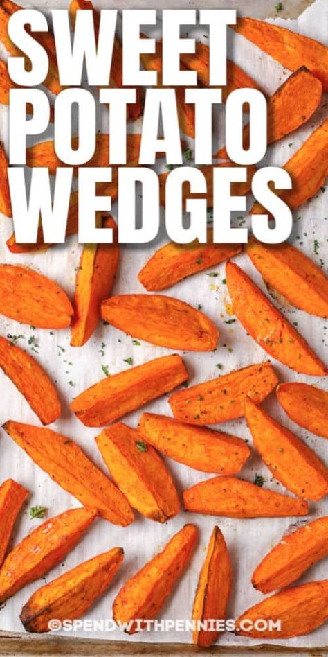 These Sweet Potato Wedges are tossed in oil and seasonings, then oven-baked until golden crispy! They are a great side dish for any entree! #spendwithpennies #sweetpotatowedges #recipe #sidedish #ovenbaked #crispy Oven Baked Wedges, Crispy Wedges, Roasted Sweet Potato Wedges, Baked Sweet Potato Wedges, Food Potatoes, Spicy Aioli, Recipes Potato, Potato Wedges Baked, Homemade Dips