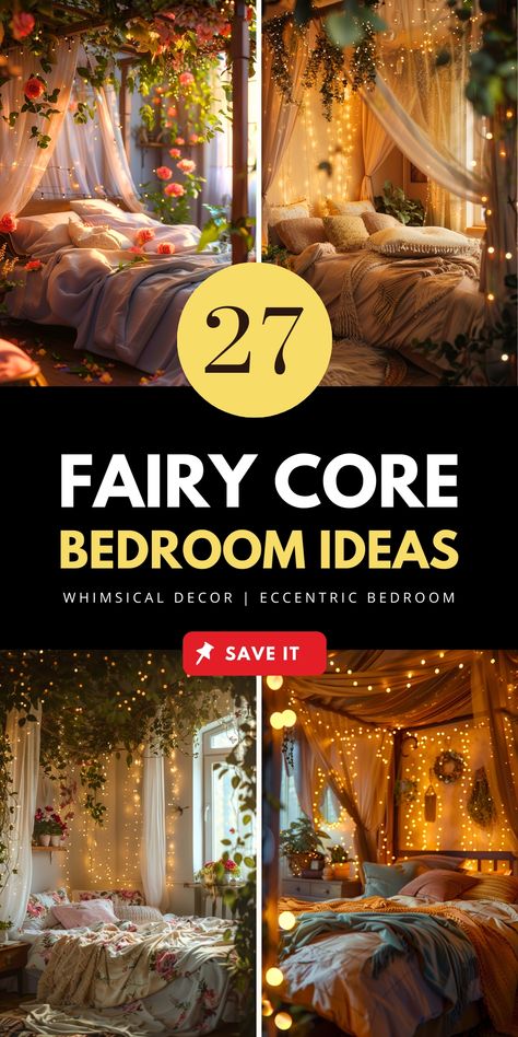 Discover 27+ fairy core bedroom ideas with tips for dreamy room makeovers, DIY room decor, and fairycore aesthetic room styling. From whimsical decor to eclectic and dark boho bedroom vibes, it’s perfect for small or tiny bedrooms. Save this guide for magical ideas to upgrade your space! Magical Bedroom Ideas For Adults, Fairy Bedroom Aesthetic, Fairy Bedroom Ideas For Kids, Fairycore Bedroom Ideas, Fairycore Aesthetic Room, Cottagecore Bedroom Aesthetic, Eccentric Bedroom, Fairy Core Bedroom, Forest Bedroom Ideas