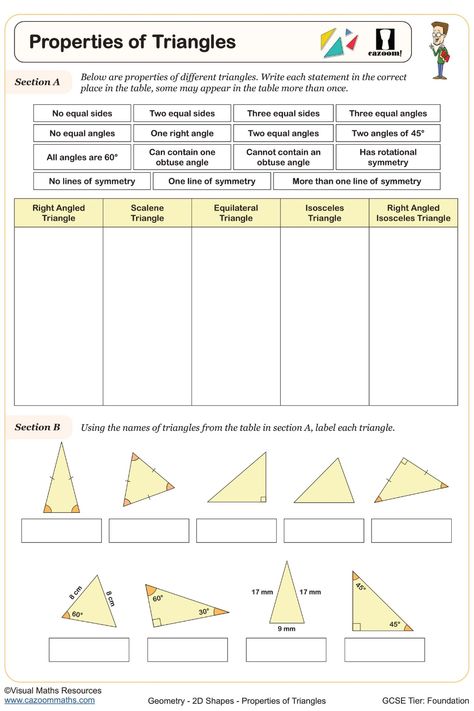 Enhance your understanding of triangle properties and geometric problem-solving with this informative worksheet tailored for Year 7 students. Delve into the classification of different triangle types and boost your knowledge in geometry effortlessly. Great resource for young learners seeking to grasp foundational concepts in a clear and engaging manner. Types Of Triangles Worksheet, Properties Of Triangles, Year 9 Maths Worksheets, Ks3 Maths Worksheets, Year 8 Maths Worksheets, Ks1 Maths Worksheets, Year 6 Maths Worksheets, Year 2 Maths Worksheets, Year 7 Maths Worksheets