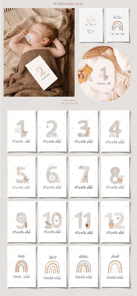 Documenting Growth: Baby Milestone Cards Watercolor Milestone Cards, Milestone Cards Diy, Diy Baby Milestone Cards, Diy Milestone Cards, Watercolor Baby Cards Diy, Baby Posters Newborn, New Born Card, Baby Milestones Ideas, Milestone Cards Printable Free