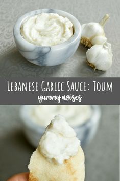 Lebanese Garlic Sauce: Toum | YummyNoises.com . This traditional Lebanese garlic sauce (or “toum”) is packed full of garlicky flavor and spreads as easily as softened butter. Commonly served with shish tawook or even just as a dip for pita bread, if you love garlic this is for you! Best Garlic Sauce, How To Make Garlic Sauce, Warm Bean Dip, Texas Trash Dip, Shish Tawook, Lebanese Garlic Sauce, Texas Trash, Garlic Sauce Recipe, Garlic Dip