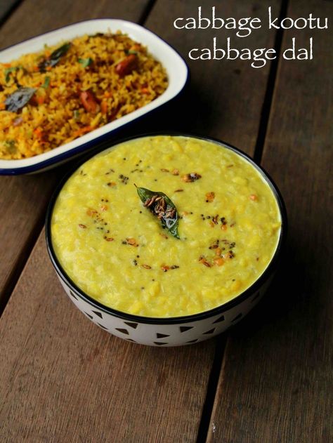 cabbage kootu recipe | cabbage dal recipe | muttaikose kootu with step by step photo and video recipe. kootu recipes are very common in south indian cuisine and is basically a south indian version of dal recipe. there are several variations to the kootu recipe and is often prepared by mixing it with choice of veggies and moong dal. typically it has thick texture and is mainly served as a side dish to sambar rice or rasam rice combination. Indian Vegetarian Dinner Recipes, Rasam Rice, Recipes Indian Vegetarian, Sambar Rice, Dinner Recipes Indian, Veg Dinner Recipes, Kootu Recipe, Recipe Cabbage, Hebbars Kitchen