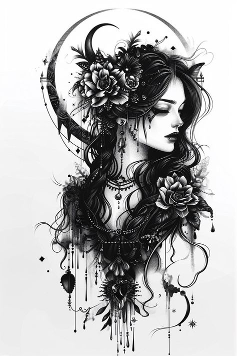 Hecate Tattoo Design, Dark Goddess Tattoo, Hecate Goddess Tattoo, Dark Romance Tattoo, Hecate Tattoo, Moments Tattoo, Bicep Tattoo Women, Tattoo Designs Drawings, Beetle Tattoo