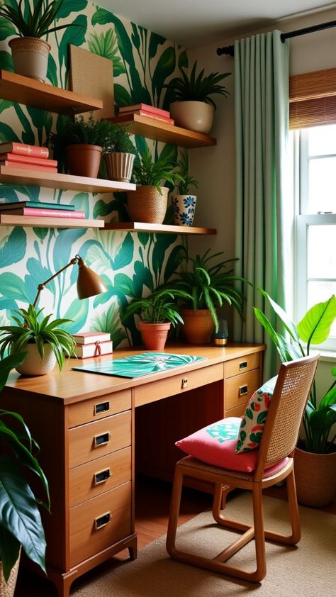 Tropical Vintage Tropical Interior Design, Boho Office Ideas, Bohemian Home Office, Boho Home Office, Tropical Interior Design, Tropical Retreat, Boho Office, Tropical Interior, Office Idea