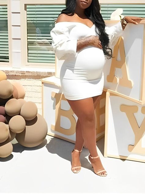 Purchase Momyknows White Off Shoulder Backless V-Neck Lantern Sleeve Bodycon Party Cute Baby Shower Maternity Mini Dress Short Baby Shower Dress, White Baby Shower Dresses, Baby Shower Dresses Black Women, White Baby Shower Dress, Babyshower Dress, Gender Reveal Outfit, Gender Reveal Dress, Mommy Things, Maternity Dresses For Baby Shower